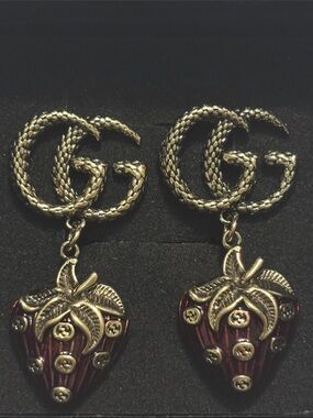 Gucci Gold-Tone GG Strawberry Drop Earrings with Red Enamel